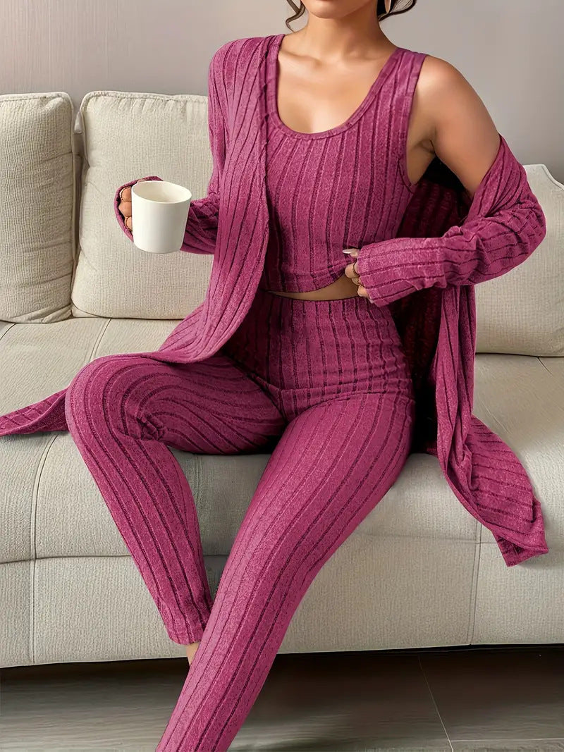 Damen Geripptes Lounge-Set mit Cropped-Top, High-Waist-Leggings und Longcardigan Echo Archiv