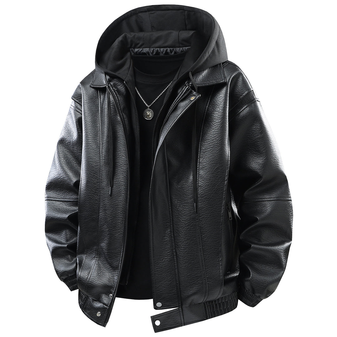 Herren Kunstlederjacke mit abnehmbarer Kapuze und funktionalen Taschen Echoarchiv