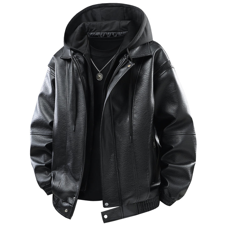 Herren Kunstlederjacke mit abnehmbarer Kapuze und funktionalen Taschen Echoarchiv