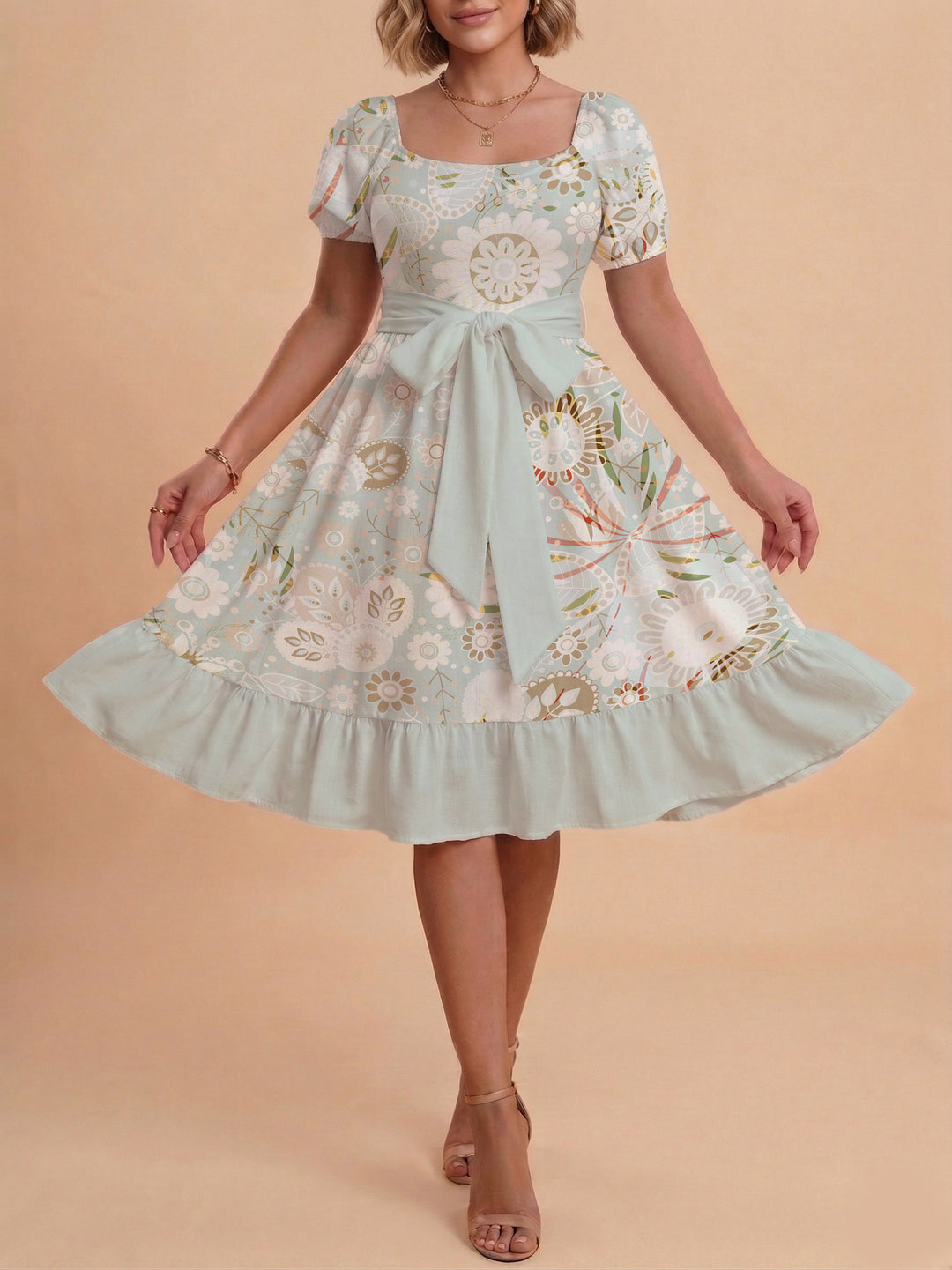 Damen modernes Blumenkleid mit elegantem Taillengürtel und asymmetrischem Saum Echo Archiv