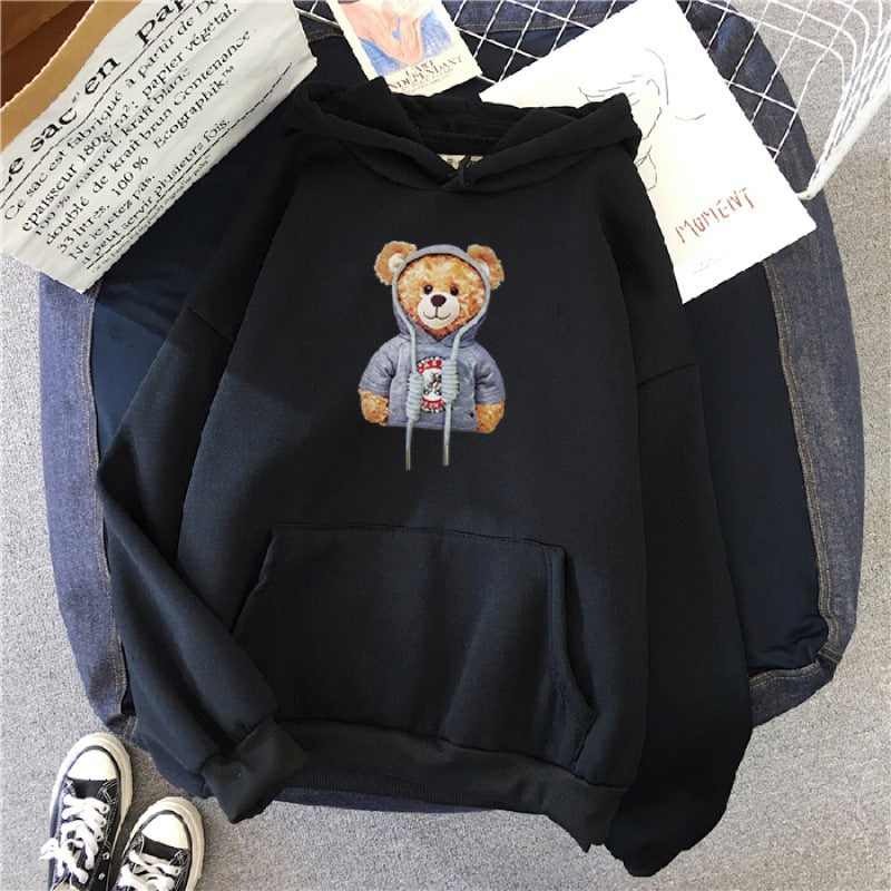 Unisex lässiger Oversize Kapuzenpullover mit Teddy-Frontprint, Kängurutasche und weichem Fleece-Innenfutter – Auréline