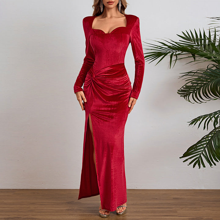 Damen elegantes langärmeliges Abendkleid mit hohem Schlitz und Rüschendetails Echo Archiv
