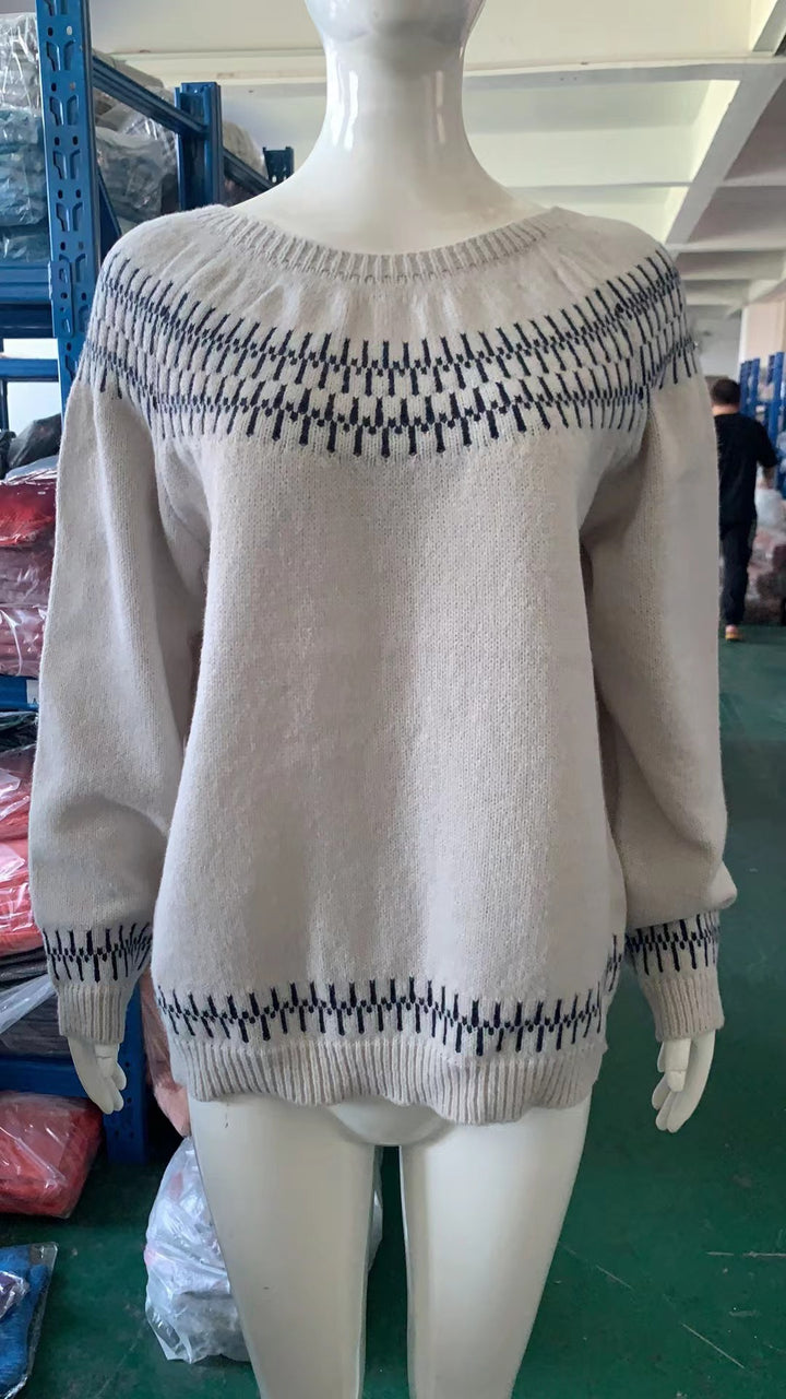 Damen nan gemusterter Norwegerstrickpullover mit weitem Rundhalsausschnitt und lässigem Oversize-Schnitt Echo Archiv