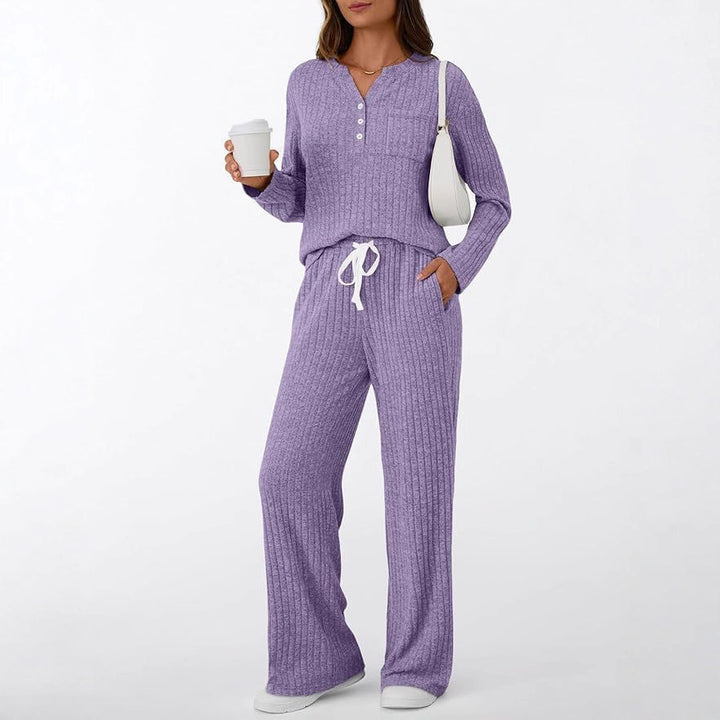 Damen Rippstrick-Lounge-Set mit Knopfleiste und weitem Kordelbund-Hose – Mavelle
