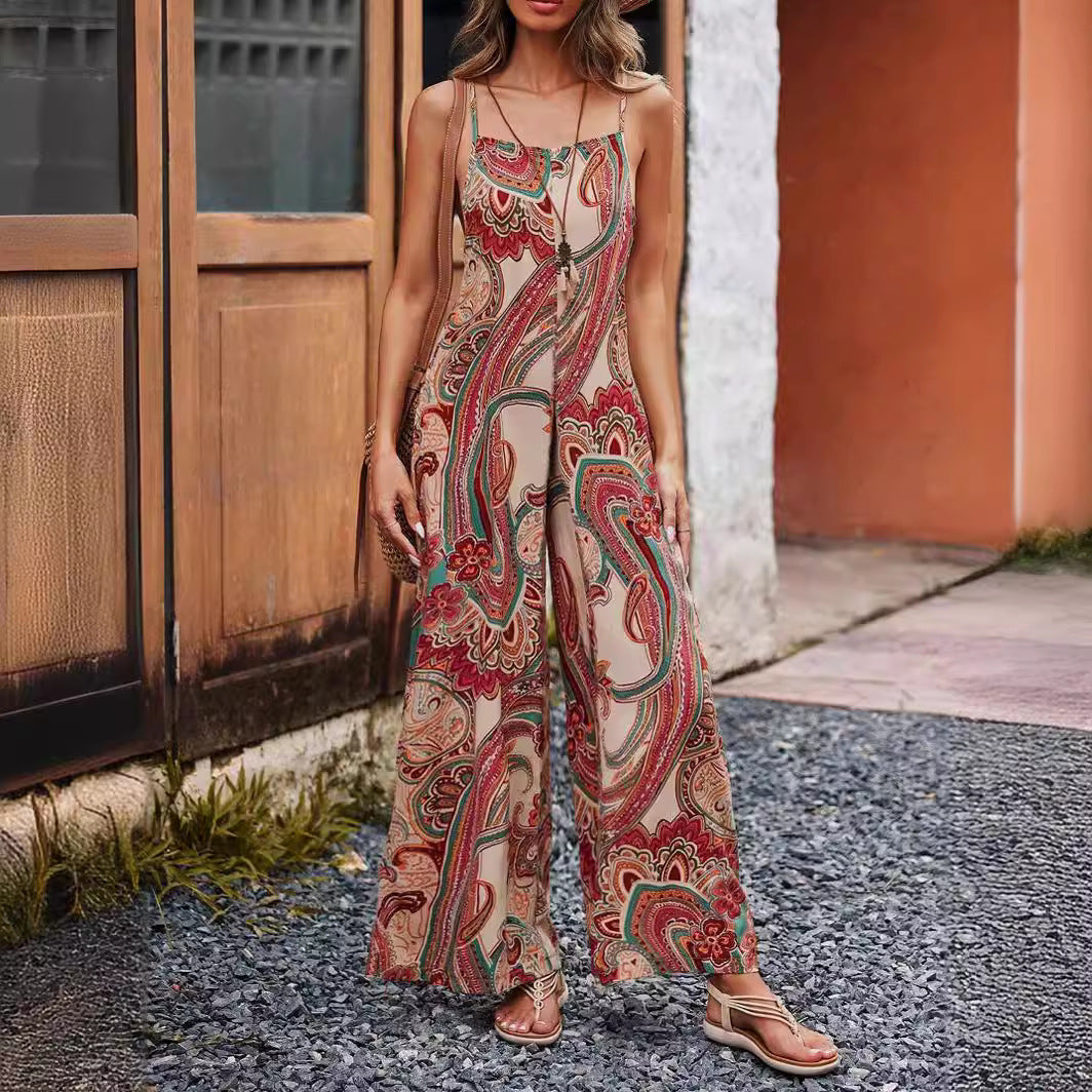 Damen Lässiger ärmelloser Jumpsuit mit weitem Bein, Spaghettiträgern und Paisley‑Print – Solévia
