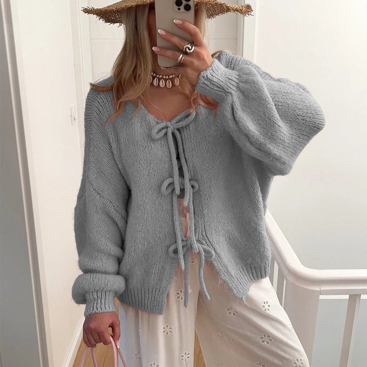 Damen Grobgestrickter Offener Cardigan mit Bindebändern, Oversize‑Silhouette und Raglanärmeln – Veloura