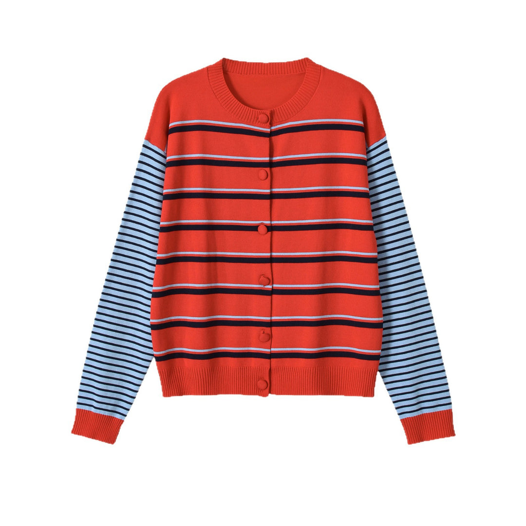 Damen Gestreifte Strickjacke mit Rundhals und Knopfverschluss Echoarchiv