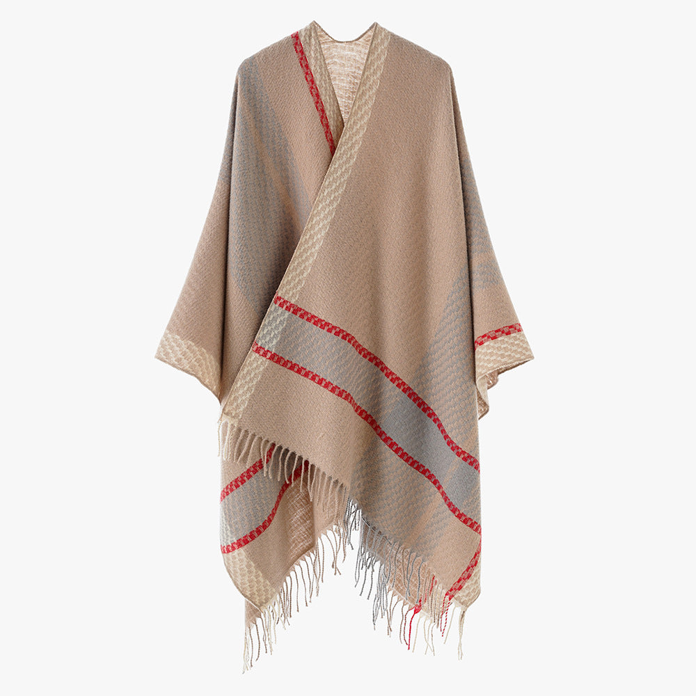 Damen Oversize Capeponcho aus Wollmix mit Karomuster und Fransensaum – Avérine