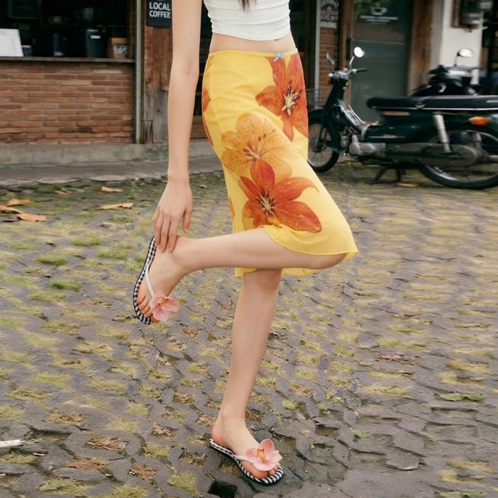 Damen Midi-Rock mit floralem Chiffon und elastischem Bund Echo Archiv