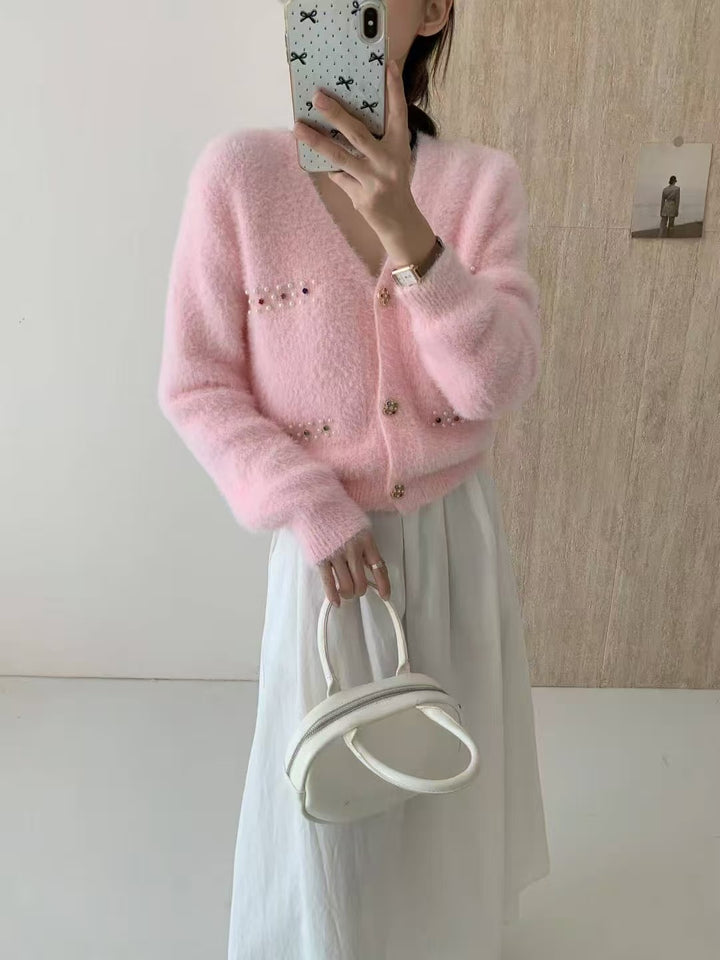 Damen Verspielter V-Ausschnitt Cardigan mit Perlen Echo Archiv