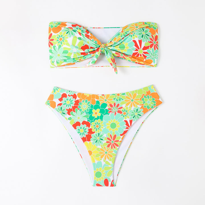 Damen Bandeau Bikini mit modischem Blumenmuster und verspieltem Knotendetail Echo Archiv
