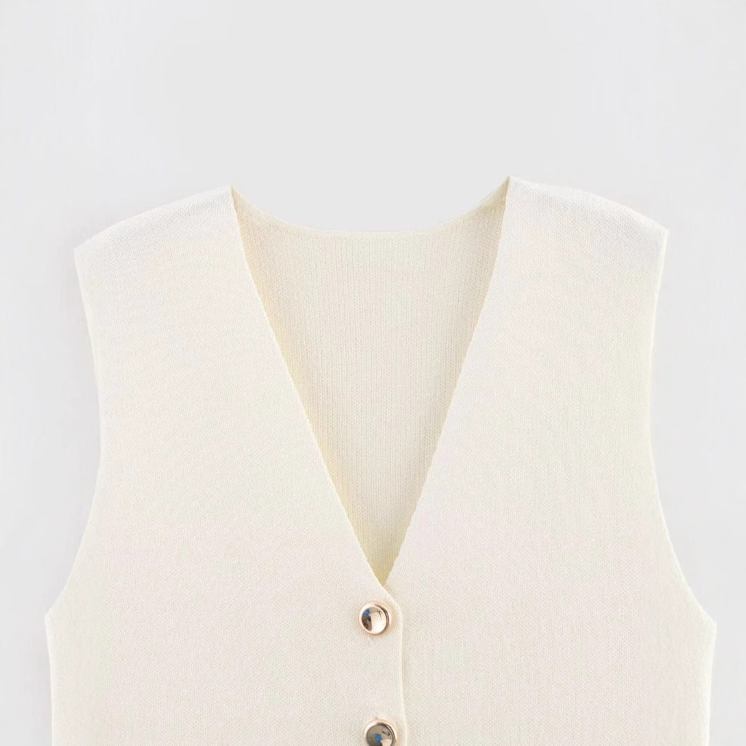 Damen taillierte Strickweste mit V-Ausschnitt und dekorativer Metallknopfleiste – Veloura