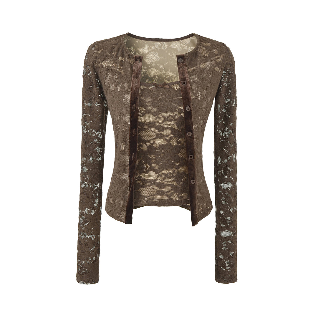 Damen Feiner Spitzen-Cardigan mit passendem Untertop und Samtbesatz Echoarchiv