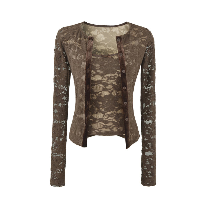 Damen Feiner Spitzen-Cardigan mit passendem Untertop und Samtbesatz Echoarchiv