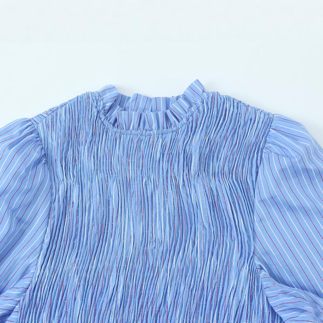 Damen Langärmlige Smockbluse mit Stehkragen und Volantsaum Echoarchiv