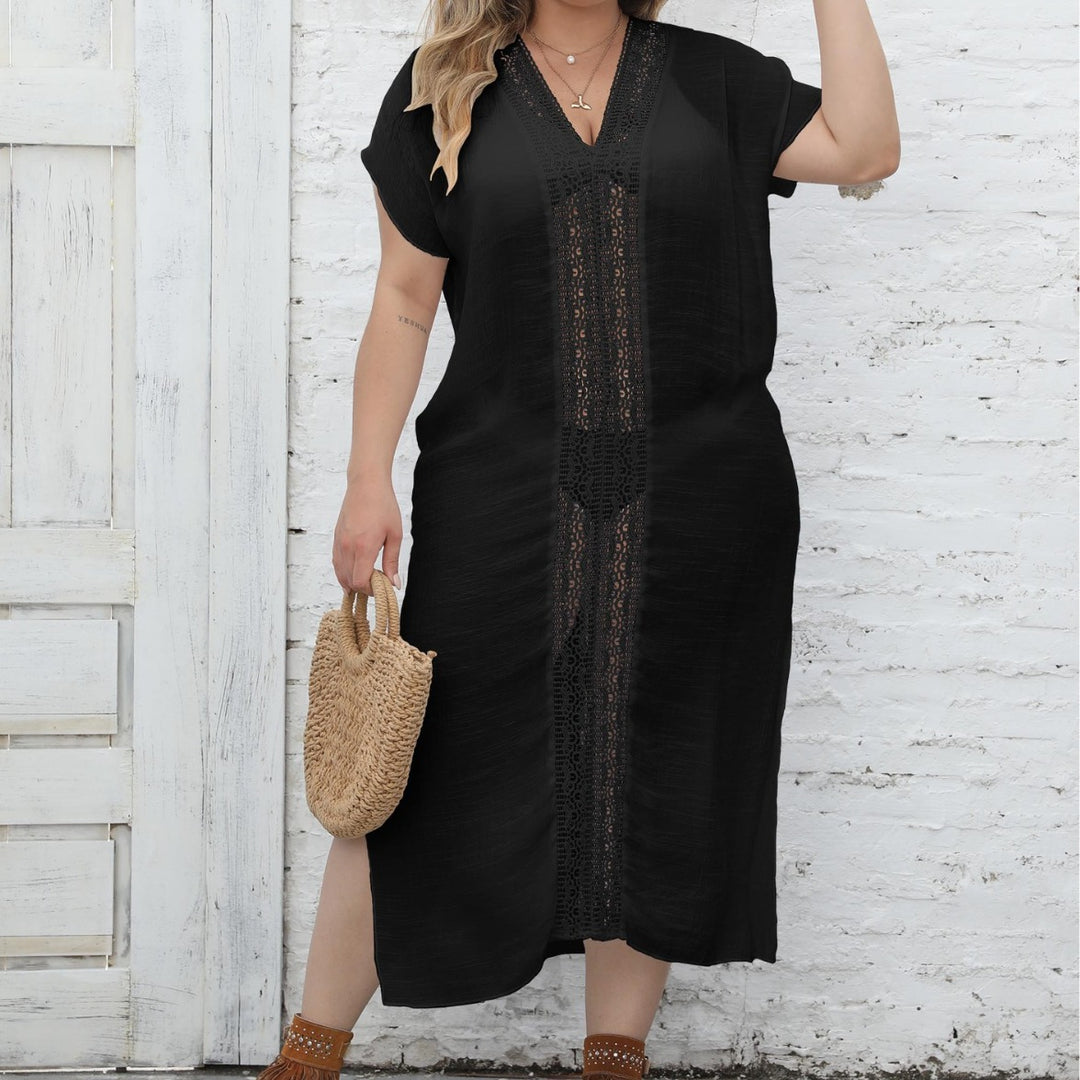 Damen eleganter Maxi-Kaftan mit großzügigem V-Ausschnitt und filigranen Häkelakzenten Echo Archiv