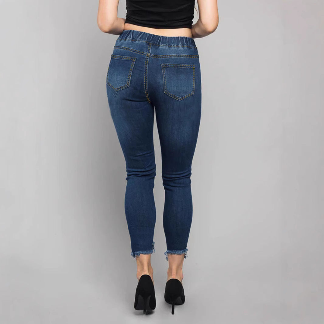 Damen Hochtaillierte Destroyed-Jogger-Jeans mit elastischem Tunnelzugbund und gekürztem Fransen-Saum Echo Archiv