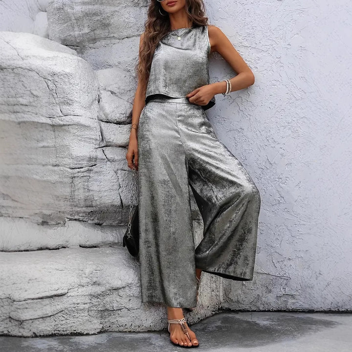 Damen Glänzendes Set aus ärmellosem Oberteil und weitem Hosen Echo Archiv