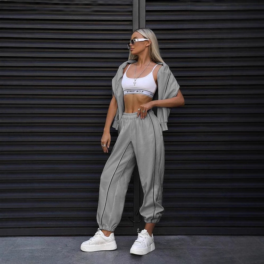 Damen nan kurzes Crop-Sweatshirt und lässige Jogginghose mit kontrastierenden Paspeln Echo Archiv