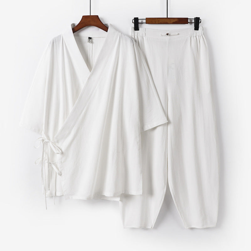 Unisex Leichtes Wickel-Lounge-Set im Kimono-Stil mit seitlichen Bindebändern und elastischer konisch zulaufender Hose Echoarchiv