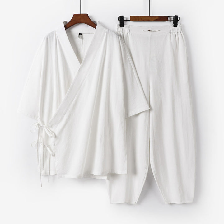 Unisex Leichtes Wickel-Lounge-Set im Kimono-Stil mit seitlichen Bindebändern und elastischer konisch zulaufender Hose Echoarchiv