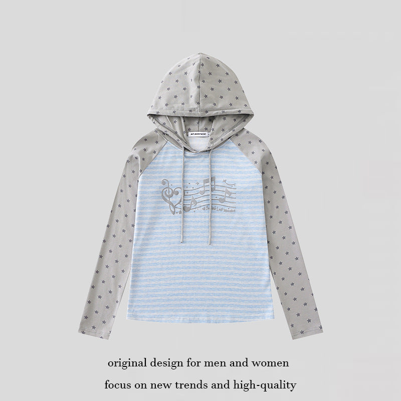Damen Kapuzen-Langarmshirt im Raglanstil mit Sternärmeln und Noten-Print Echoarchiv