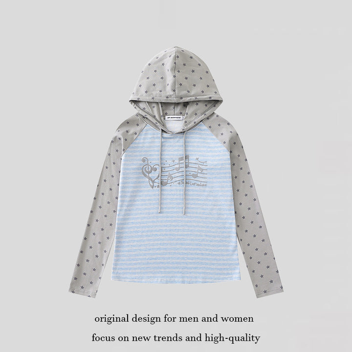 Damen Kapuzen-Langarmshirt im Raglanstil mit Sternärmeln und Noten-Print Echoarchiv