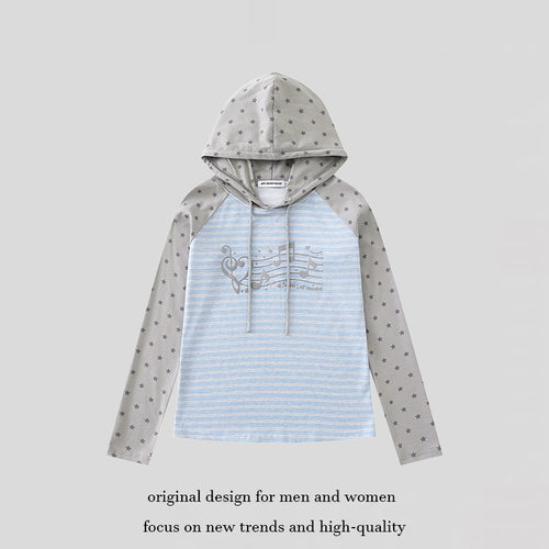 Damen Kapuzen-Langarmshirt im Raglanstil mit Sternärmeln und Noten-Print Echoarchiv