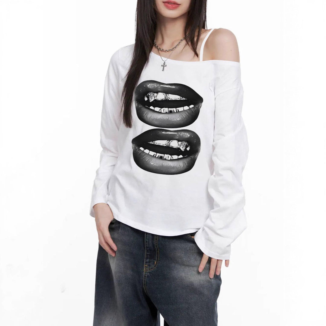 Damen asymmetrisches Off-Shoulder Langarmshirt mit doppeltem Lippenprint, relaxed Oversize-Schnitt und weichem Baumwollmix – Avérine