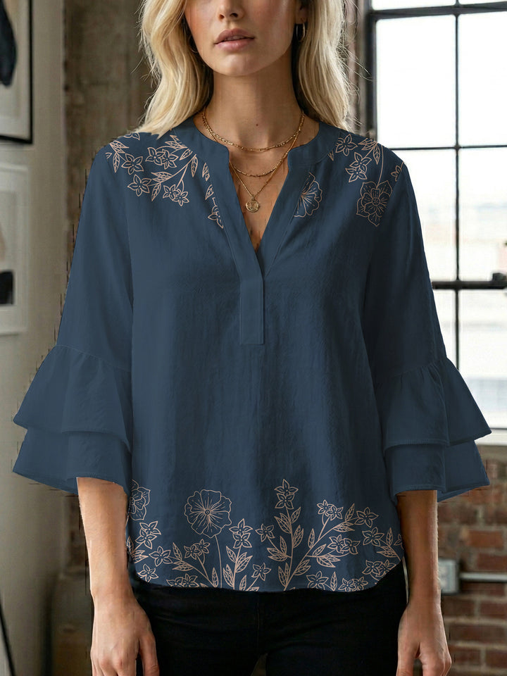 Damen Bluse mit voluminösen Rüschenärmeln und floralem Druck Echo Archiv