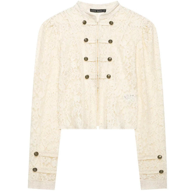 Damen Kurze Spitzenjacke im Military‑Look mit Stehkragen und Zierknopfleiste Echo Archiv