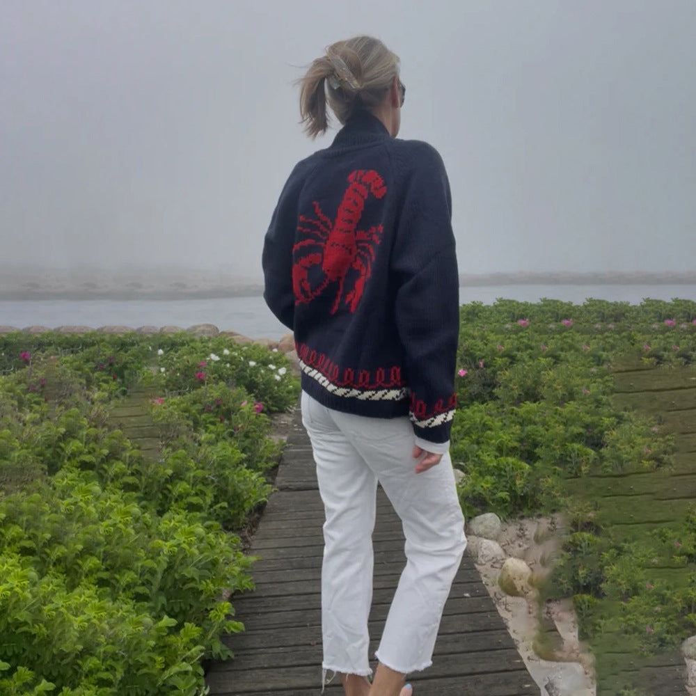 Damen Oversize Strickcardigan mit Walmotiv und nautischer Kontrastbordüre Echoarchiv