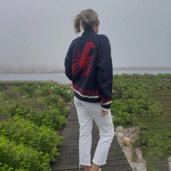 Damen Oversize Strickcardigan mit Walmotiv und nautischer Kontrastbordüre Echoarchiv