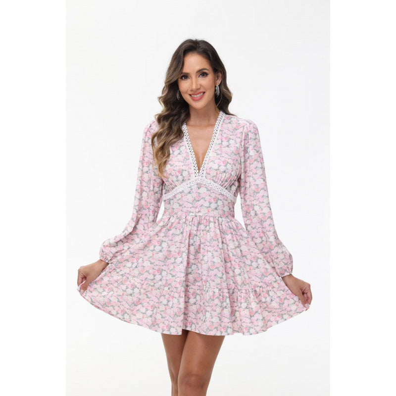 Damen Boho-florales Minikleid mit V-Ausschnitt und Puffärmeln – Élara