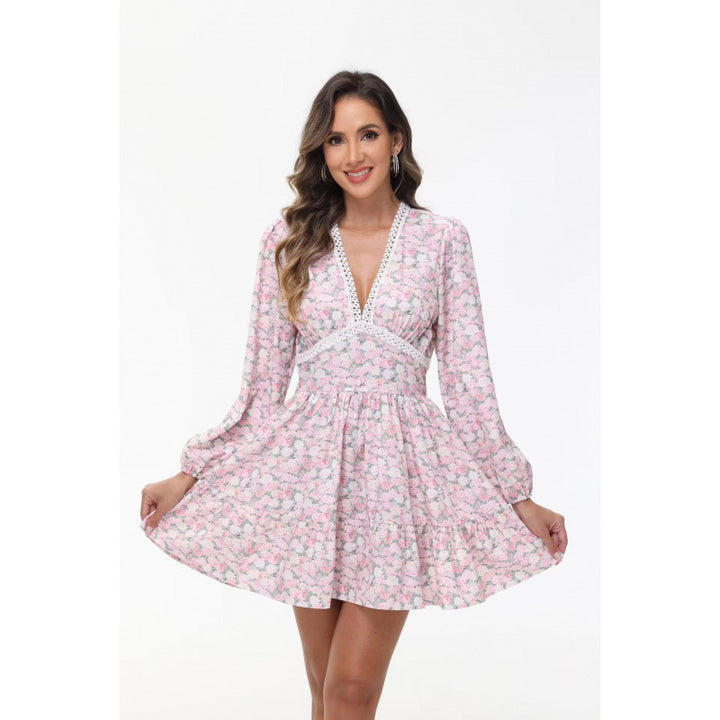 Damen Boho-florales Minikleid mit V-Ausschnitt und Puffärmeln – Élara