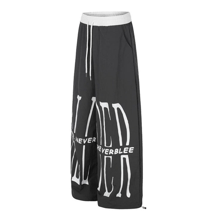 Damen Weite Loungewear-Hose mit hohem Komfortbund, Kordelzug, verstellbarem Saum und typografischem Print Echoarchiv