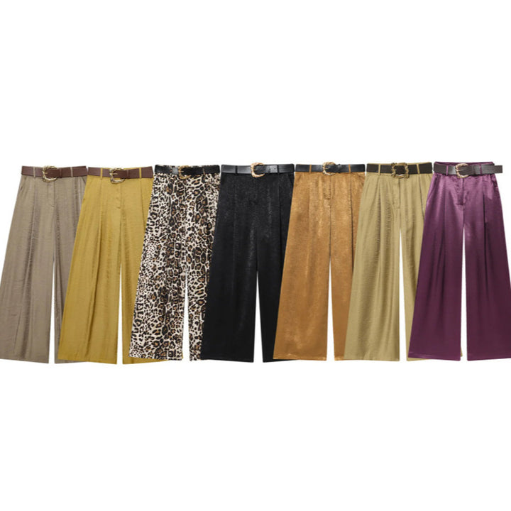Damen High‑Waist Palazzo‑Hose mit Leoparden‑Print, weitem Bein und Ziergürtel Echo Archiv