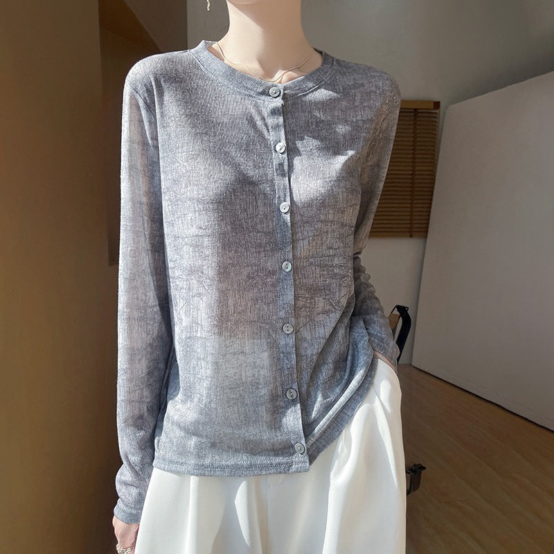 Damen Leichter Aquarell‑Print Feinstrick‑Cardigan mit Rundhalsausschnitt und Knopfleiste Echoarchiv