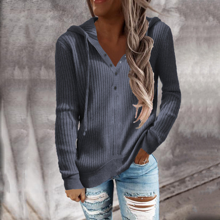 Damen Lässiger gerippter Hoodie-Pullover mit Henley-Knopfleiste und Tunnelzug Echoarchiv