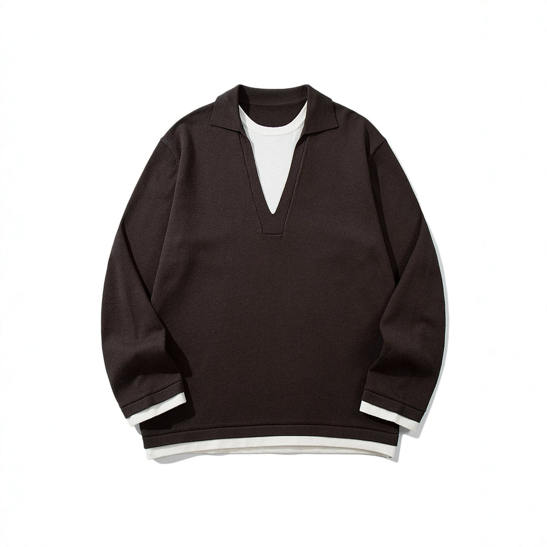 Unisex Lässiger Oversize Strickpullover mit tiefem V Einsatz und Hemd‑Layer Optik Echoarchiv