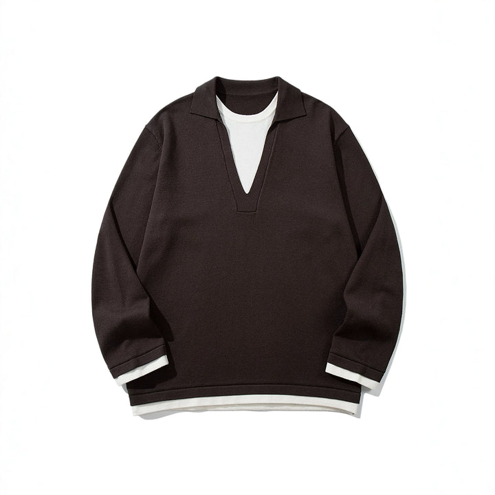 Unisex Lässiger Oversize Strickpullover mit tiefem V Einsatz und Hemd‑Layer Optik Echoarchiv