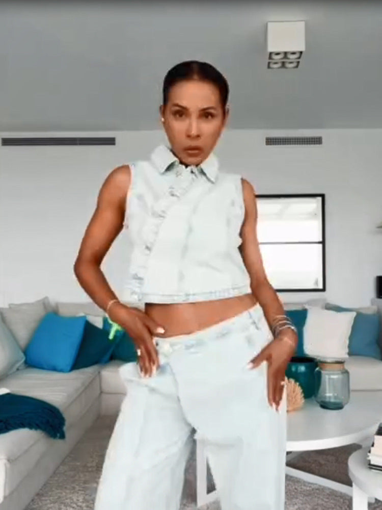 Damen Gekürztes ärmelloses Denim-Set mit taillierter Weste & weiter High-Waist-Hose Echoarchiv