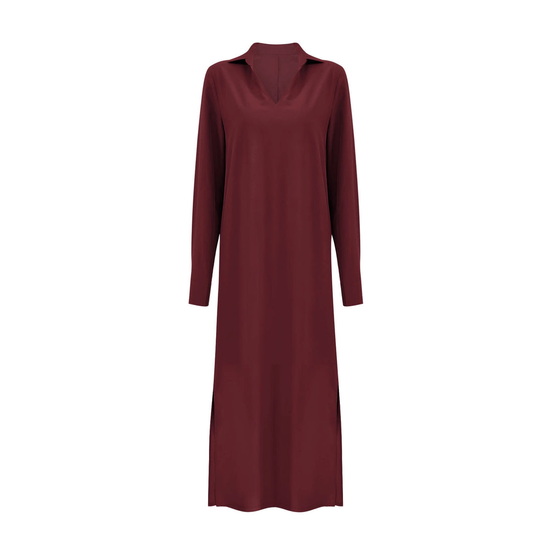 Damen Fließendes Maxikleid mit Stehkragen‑V‑Ausschnitt, langen Ärmeln und seitlichen Eingrifftaschen – Valéora