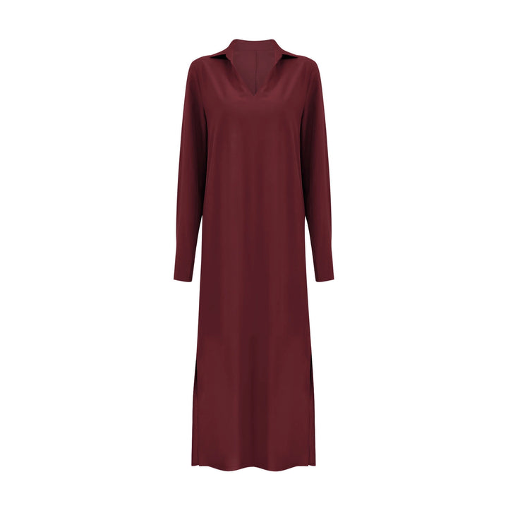 Damen Kragenblusenkleid mit V-Ausschnitt, Eingrifftaschen und seitlichen Schlitzen – Lunéa