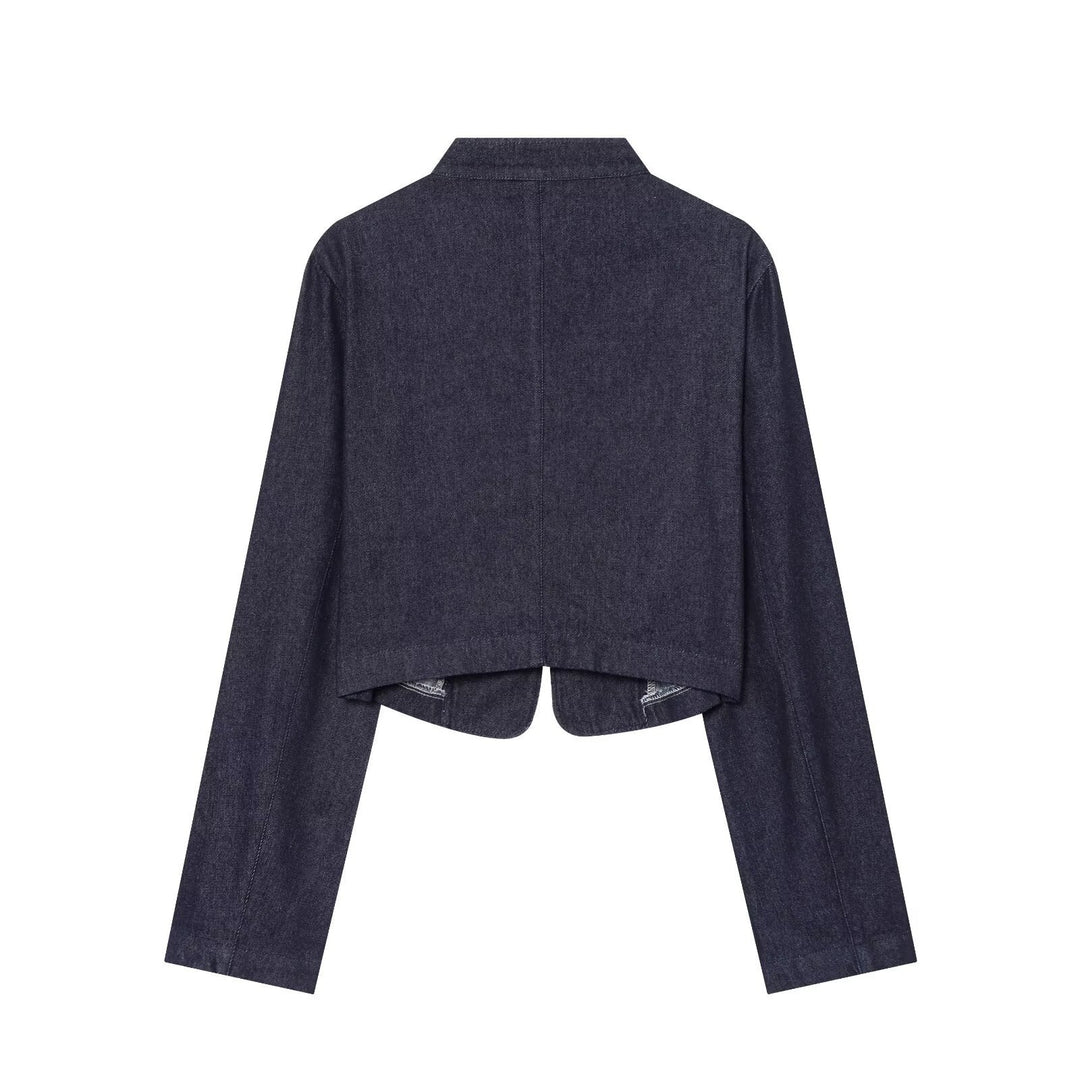 Damen Cropped Denim Militärjacke mit Stehkragen und dekorativer Zierknopfleiste Echo Archiv