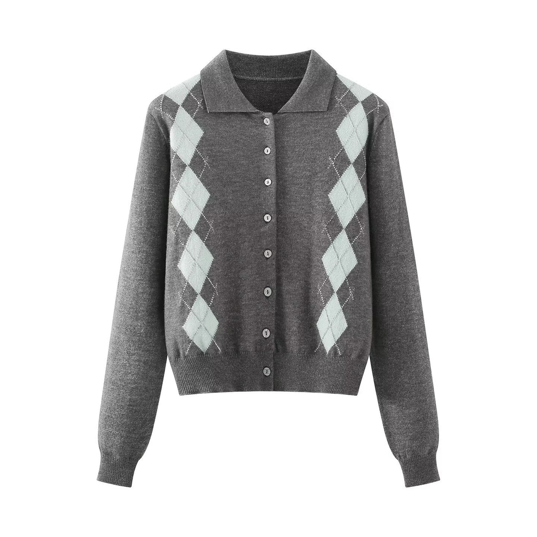 Damen Feinstrick-Cardigan mit Argyle‑Muster, Polokragen und tailliertem Cropped‑Schnitt Echoarchiv