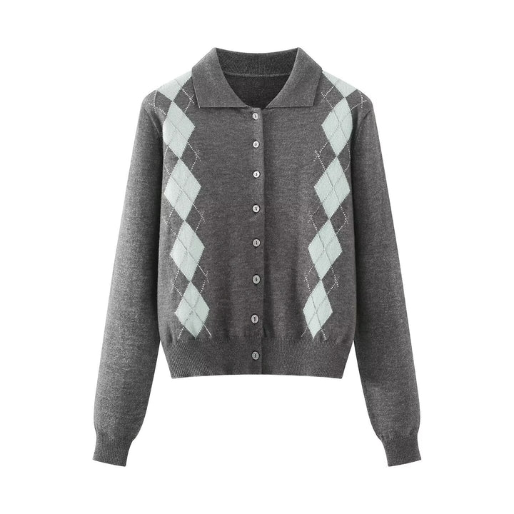 Damen Feinstrick-Cardigan mit Argyle‑Muster, Polokragen und tailliertem Cropped‑Schnitt Echoarchiv