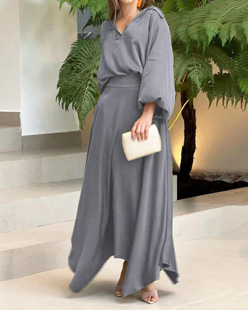 Damen Elegantes Maxikleid mit Kapuzen‑V‑Ausschnitt, Ballonärmeln und fließendem Saum Echoarchiv