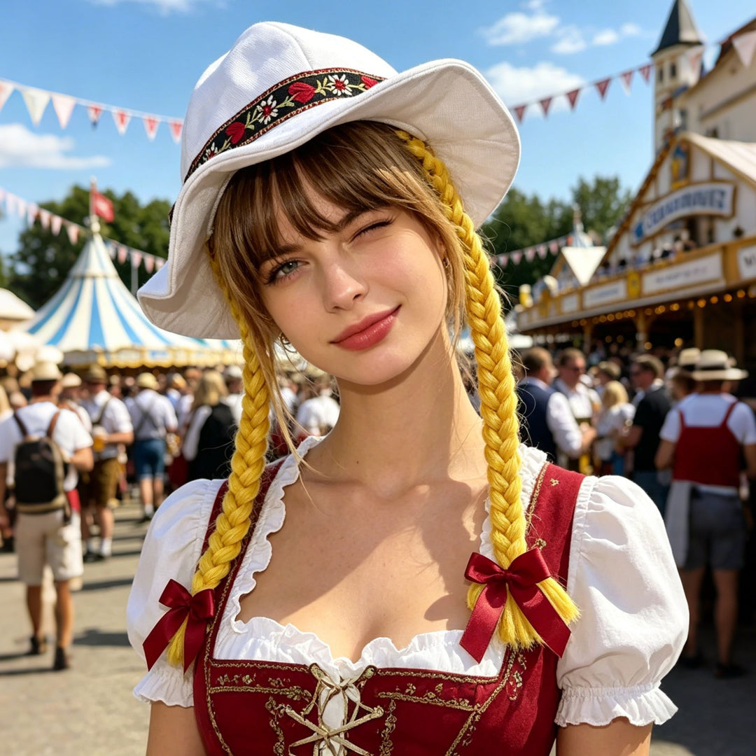 Damen nan folklorischer Sonnenhut mit dekorativem besticktem Band und langen geflochtenen Zöpfen Echo Archiv