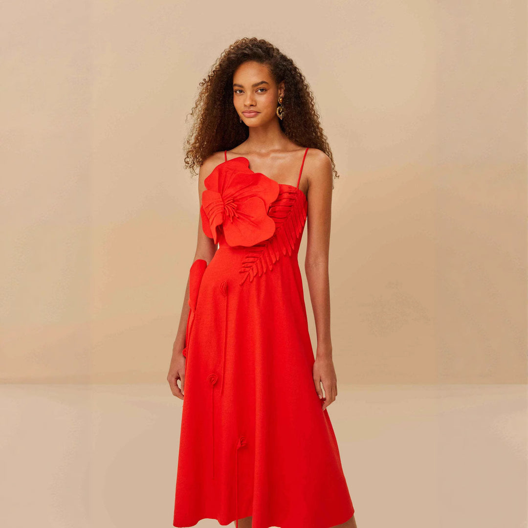 Damen Midi-Kleid mit kunstvollen Rüschendetails und verstellbaren Spaghettiträgern Echo Archiv